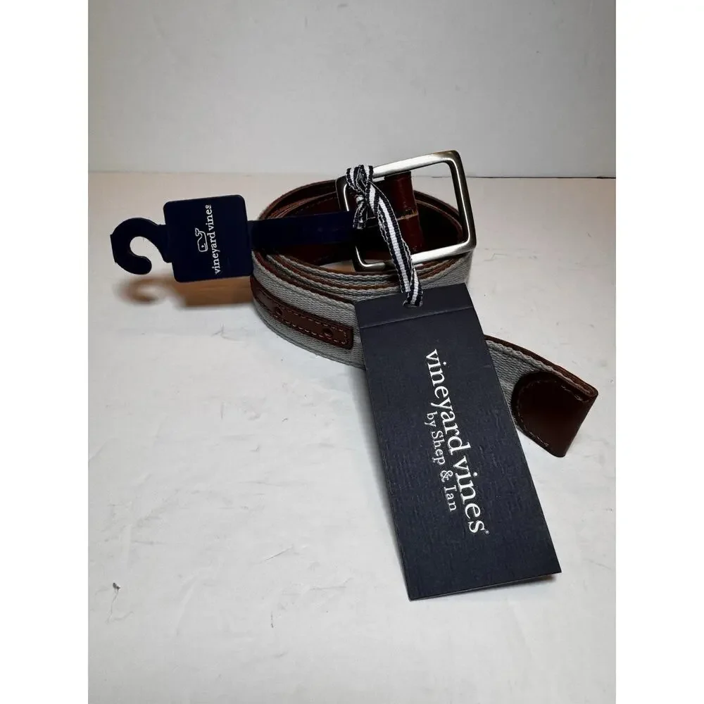 30 Vineyard Vines Reversible Belt Brown Leather/Granite Webbing Silver Buckle